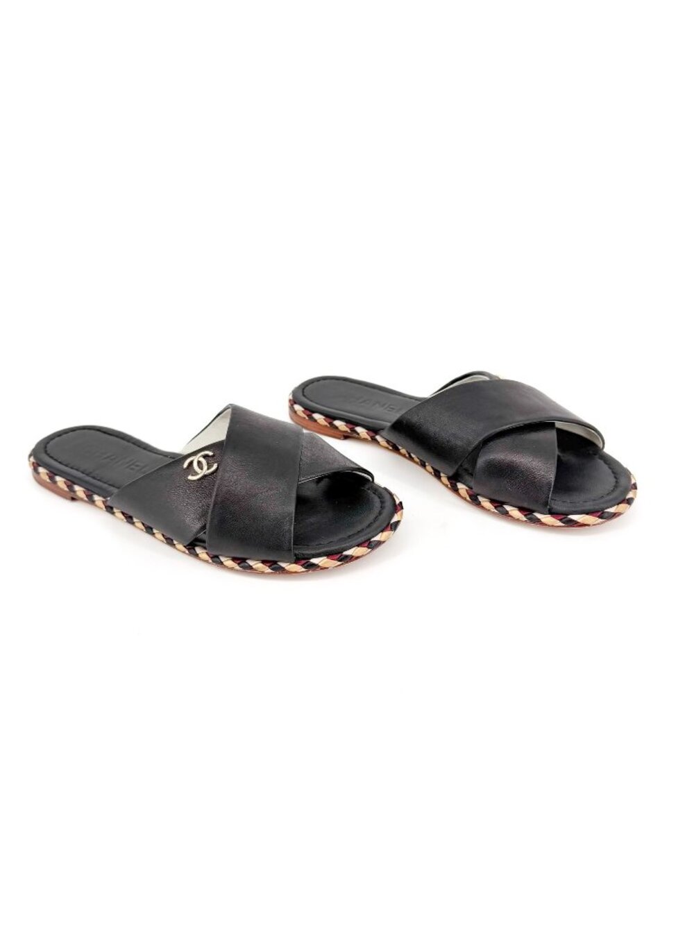 Chanel CC Braided Slide Sandals Black Leather Size 39C US 8-8.5 Wide Flat Mule